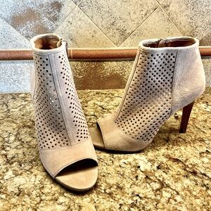 Fabulous perforated suede stack high heel open toe boot genuine leather